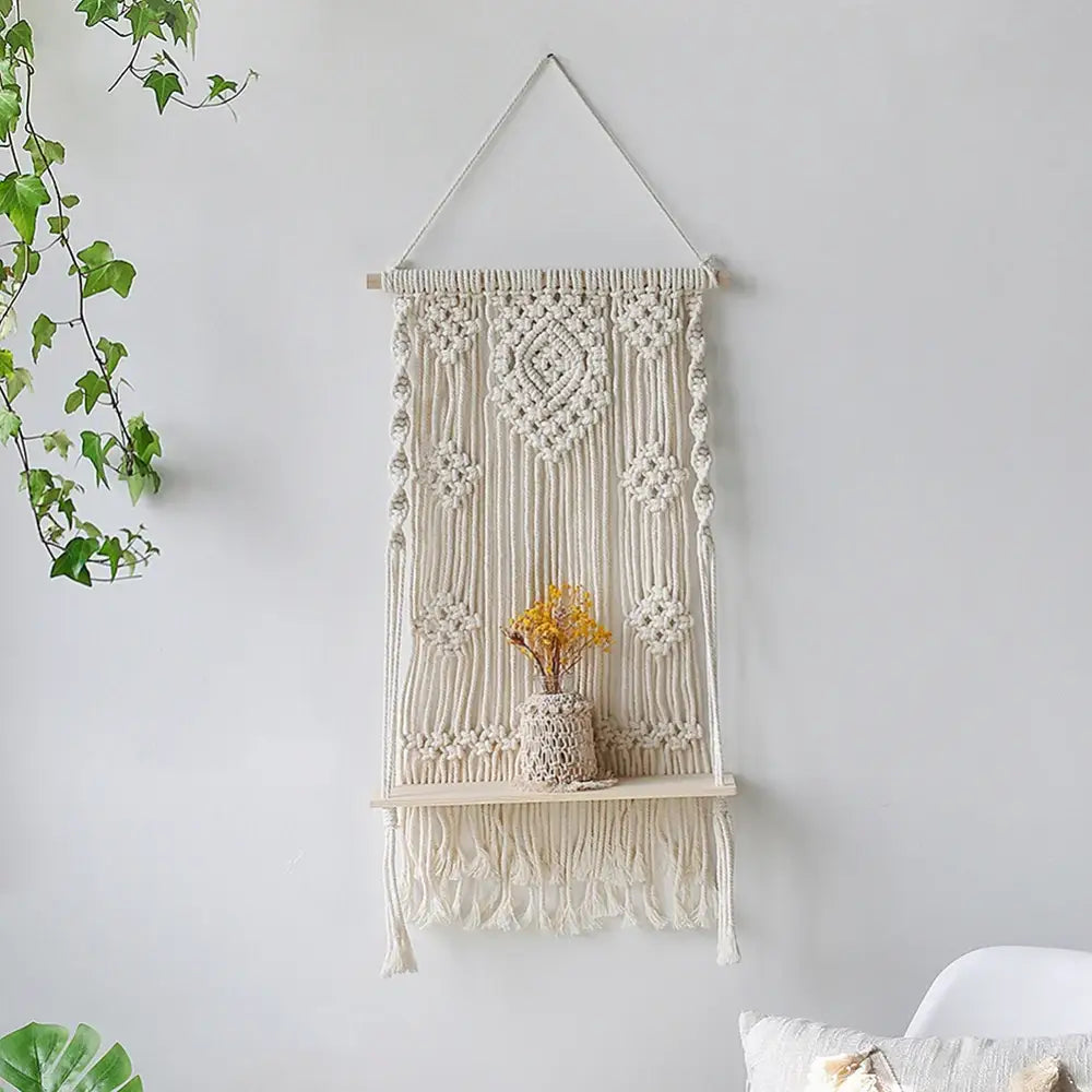 Boho beige macrame wood hanging shelf bedroom wall decor