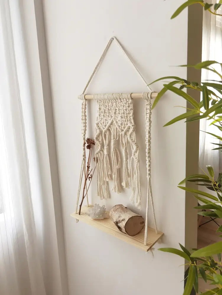 Boho beige macrame wood hanging shelf bedroom wall decor