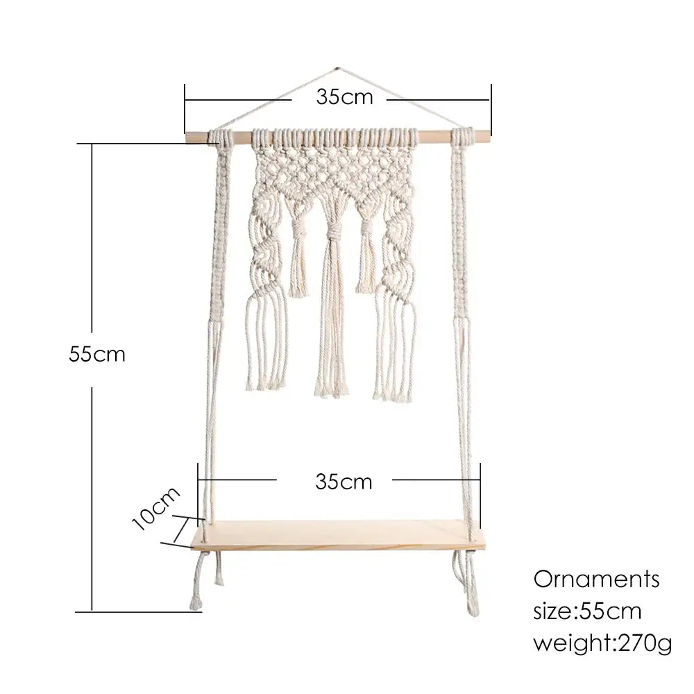 Boho beige macrame wood hanging shelf bedroom wall decor