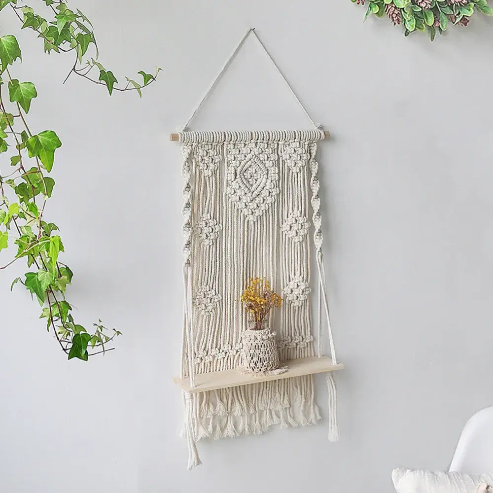 Boho beige macrame wood hanging shelf bedroom wall decor