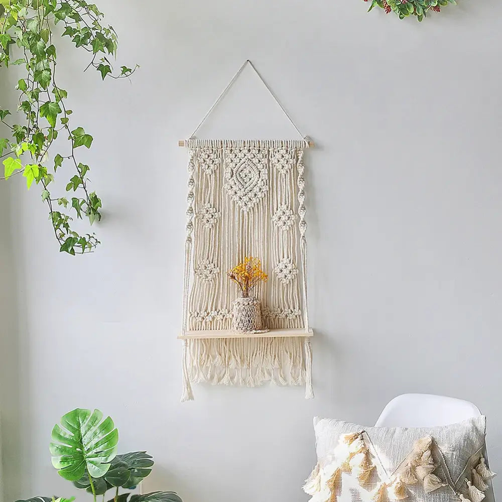 Boho beige macrame wood hanging shelf bedroom wall decor