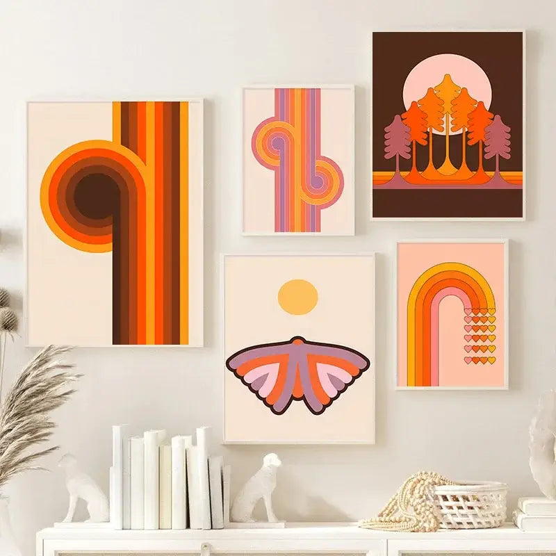 Retro boho orange & pink rainbow stripes art prints bedroom decor