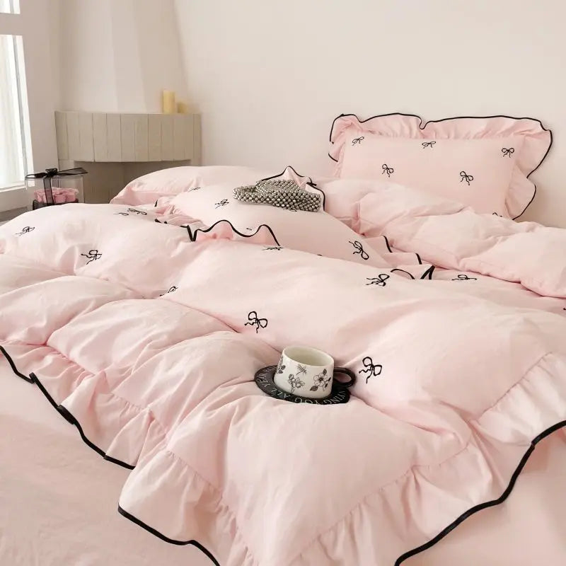 White & black bow embroidery bedding set bedroom ruffled linens