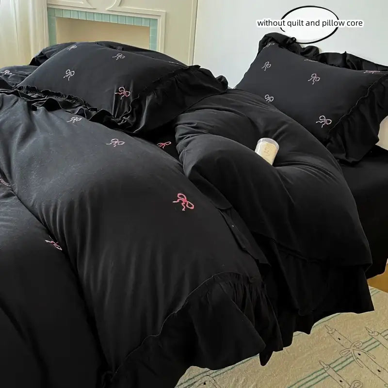 White & black bow embroidery bedding set bedroom ruffled linens