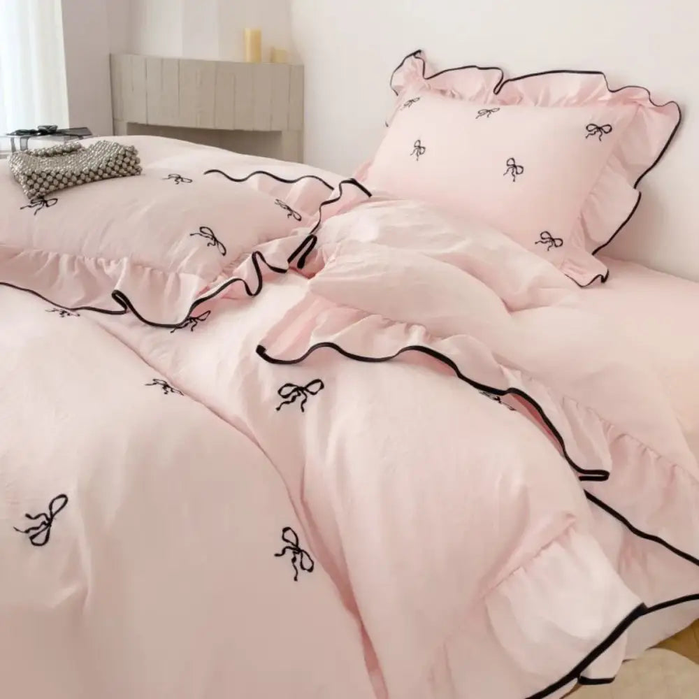 White & black bow embroidery bedding set bedroom ruffled linens