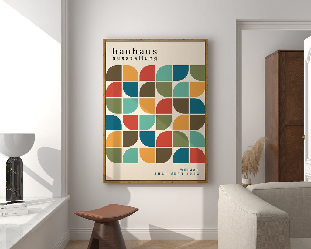 Mid century bauhaus navy & coral geometric canvas art living room