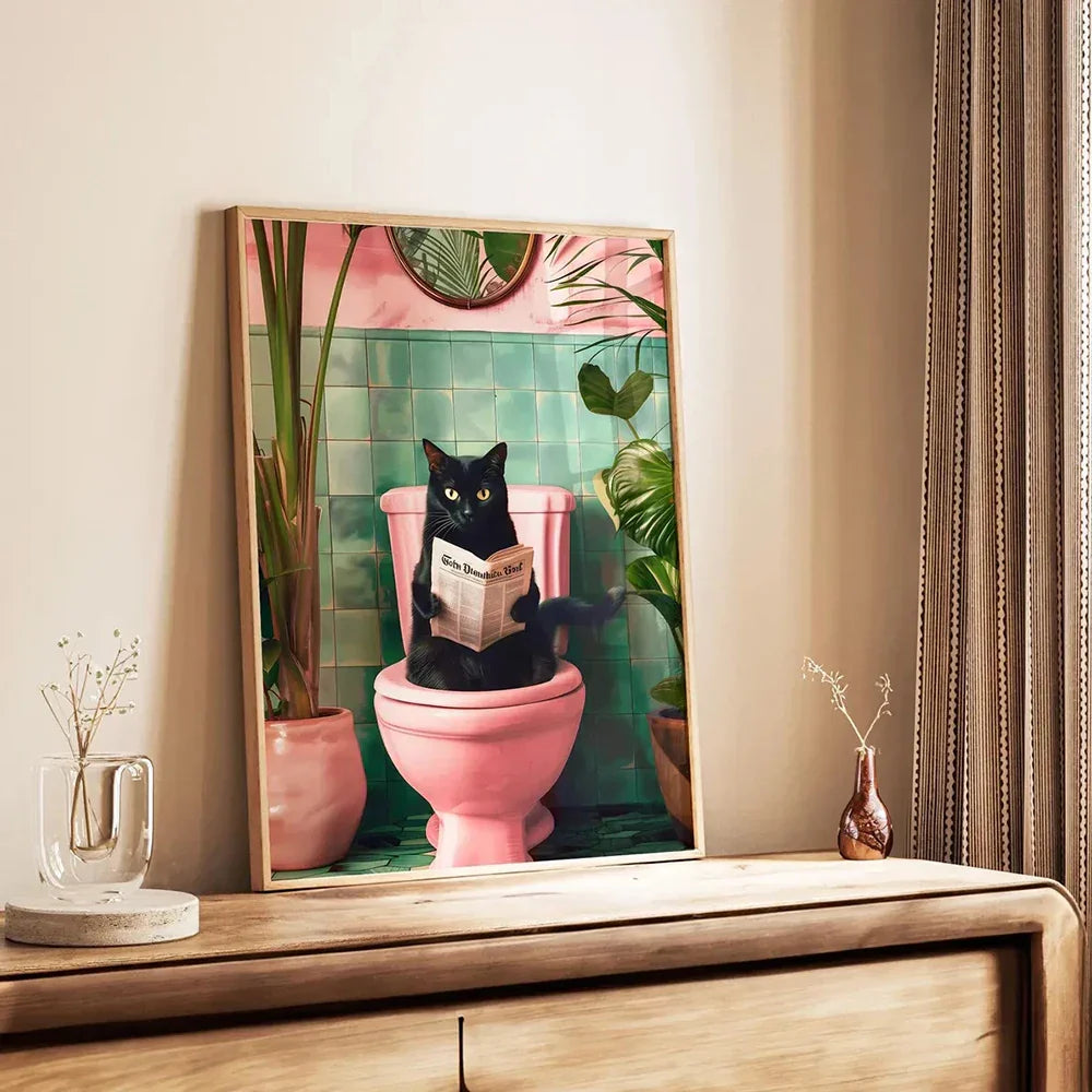 Whimsical black cat reading newspaper toilet canvas wall art bathroom