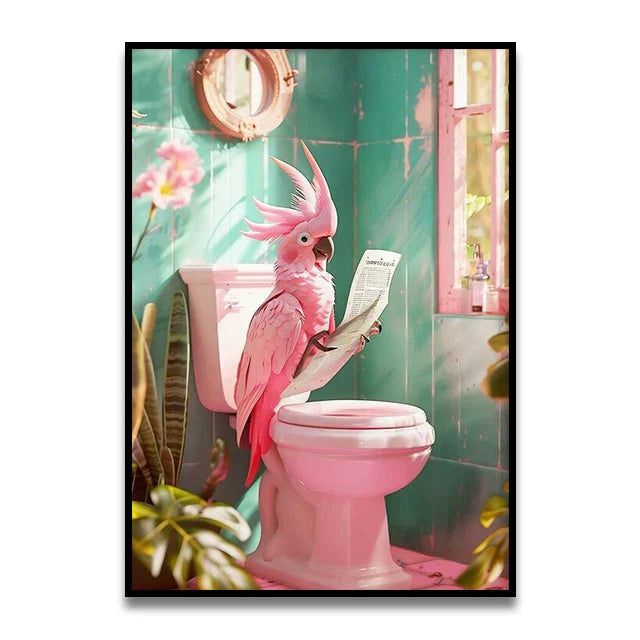 Whimsical black cat reading newspaper toilet canvas wall art bathroom