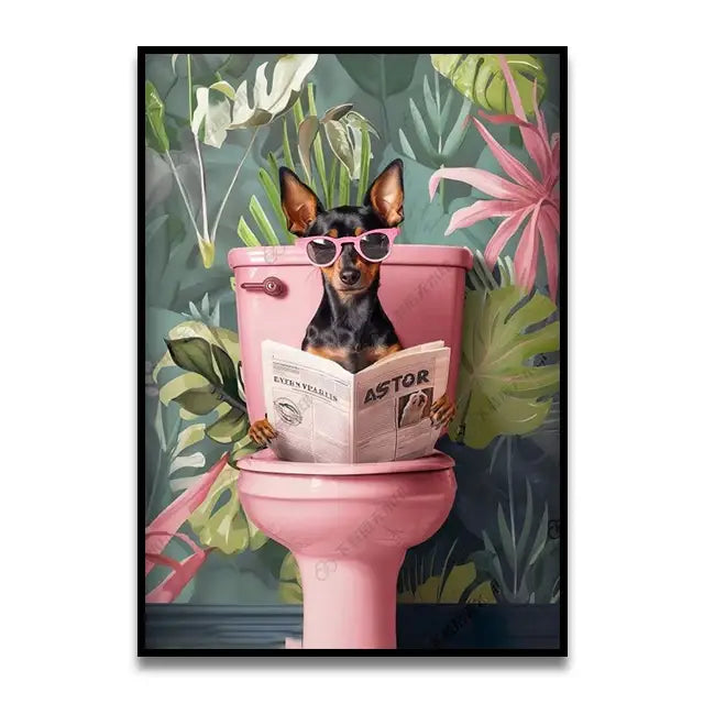 Whimsical otter reading on toilet bathroom canvas wall art