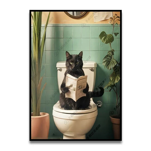 Whimsical raccoon and cat reading wall art – bathroom decor