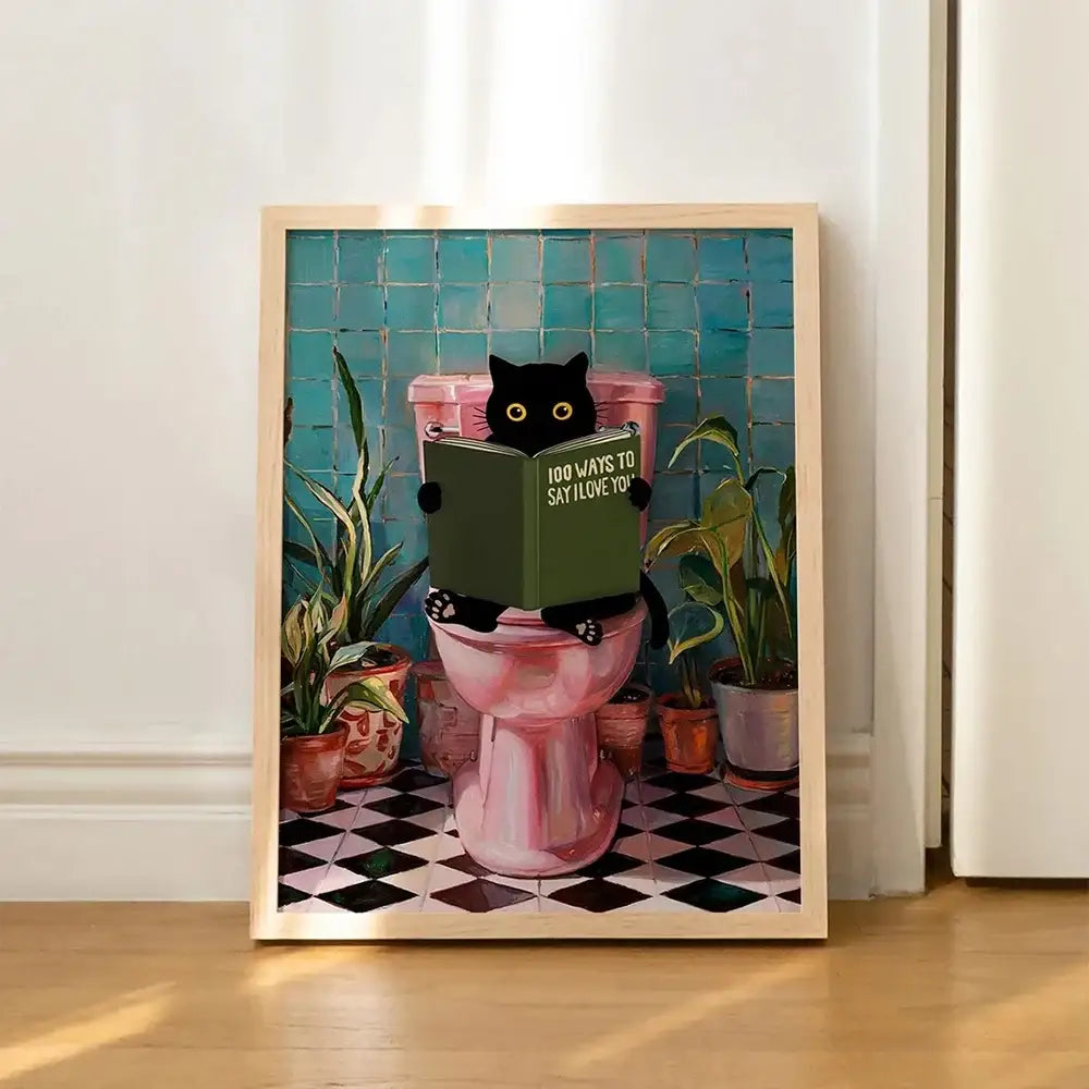 Whimsical black cat reading wall art set – bathroom decor