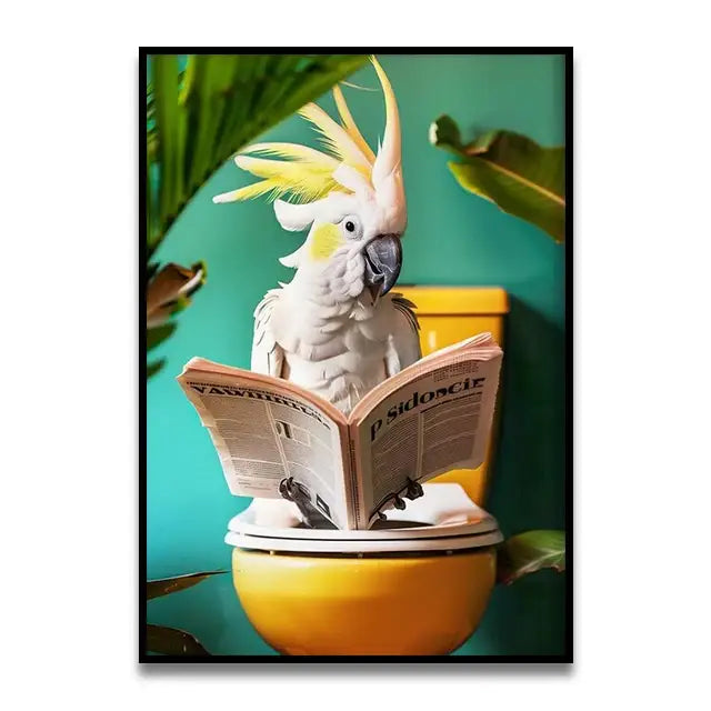 Whimsical raccoon and cat reading wall art – bathroom decor