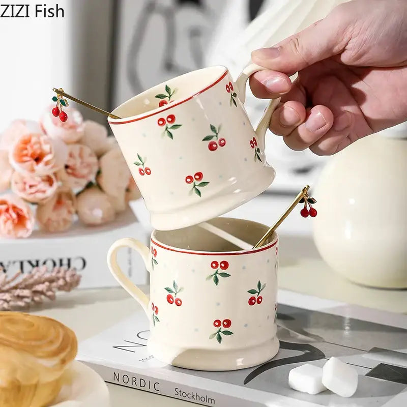 Cream cherry porcelain coffee mug with gold spoon – dining room tableware