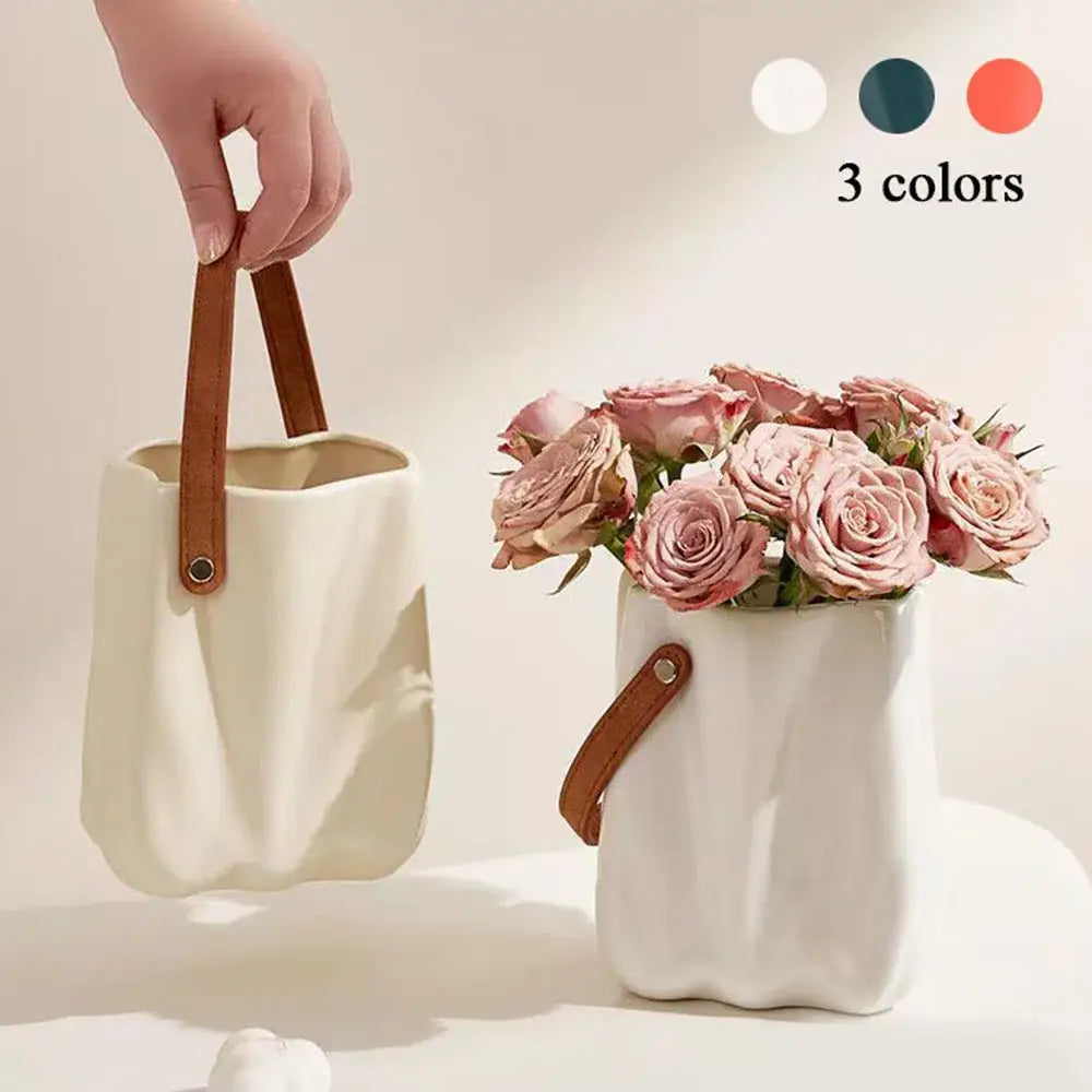 Chic ceramic vase cream textured flower pot living room with handle