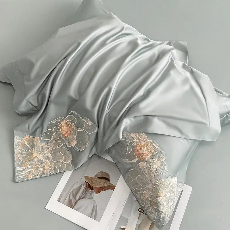 Chic embroidered light blue and gold bedding set bedroom decor