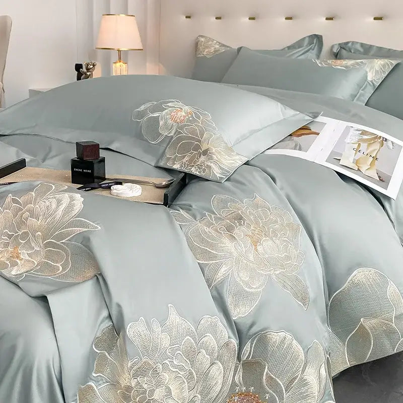 Chic embroidered light blue and gold bedding set bedroom decor
