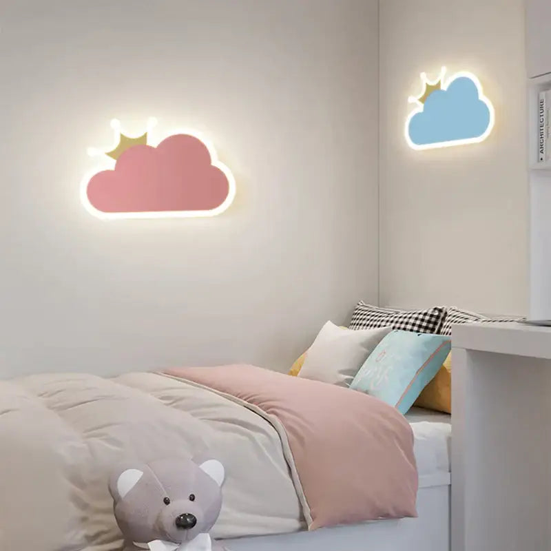 Whimsical crown clouds rocket night light bedroom wall sconce