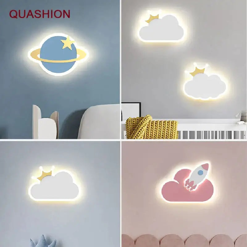 Whimsical crown clouds rocket night light bedroom wall sconce