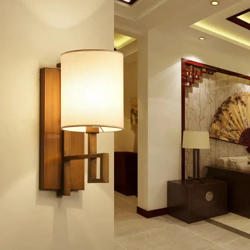 Chinese lantern cloth wall light for bedroom with dark metal sconce