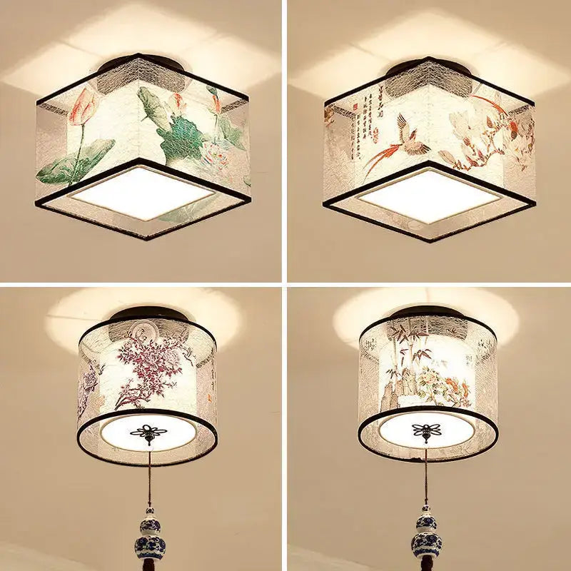 Chinese style ceiling lamp for villa corridors with ink wash painting