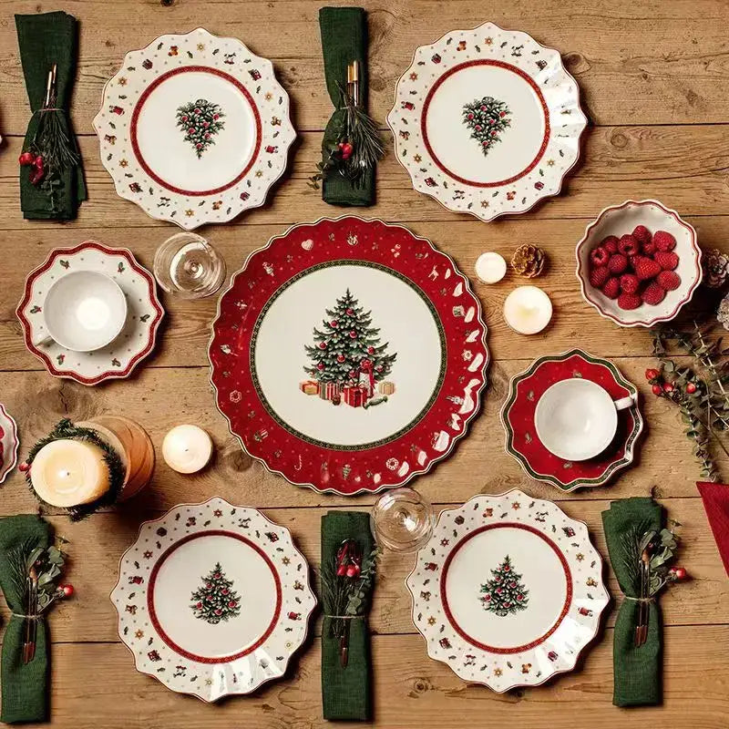 Festive red & white christmas porcelain tableware set dining room