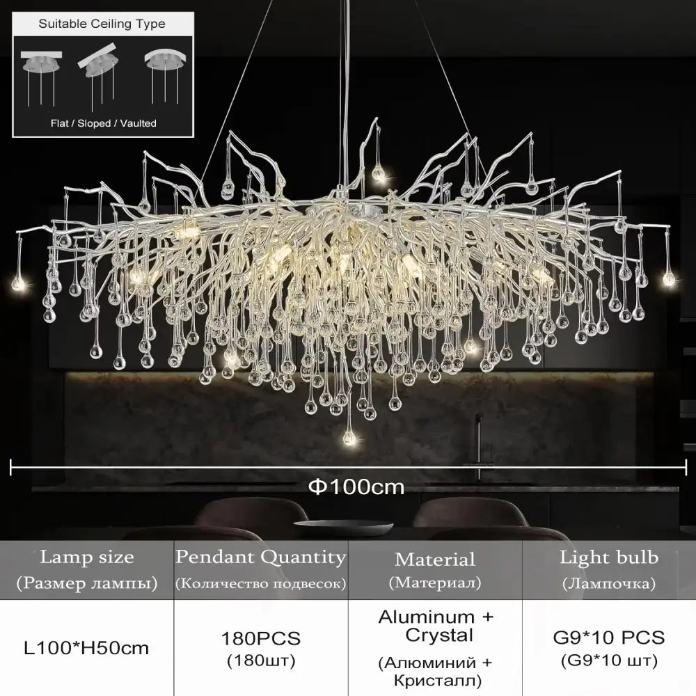 Modern chrome rectangular crystal chandelier dining room light fixture