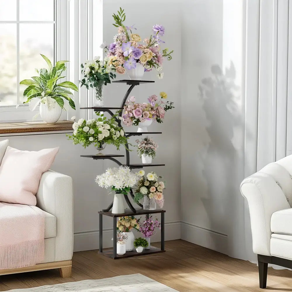 Compact tree black metal plant stand with multiple shelves living room