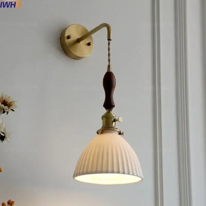 Vintage brass and dark wood led wall lamps bedroom glass sconce