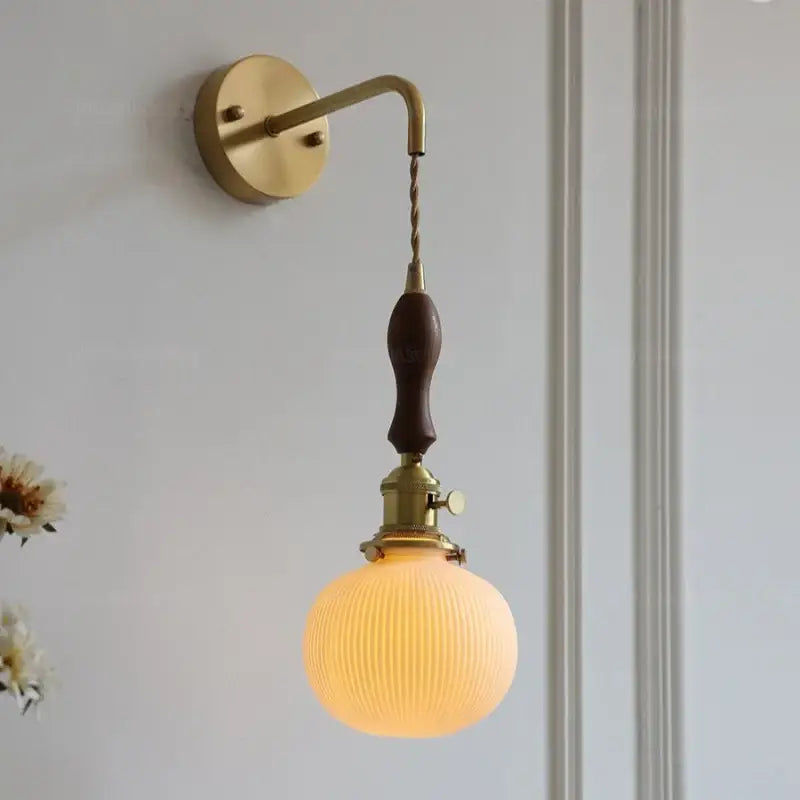 Vintage brass and dark wood led wall lamps bedroom glass sconce