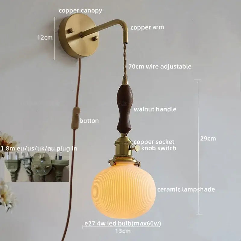 Vintage brass and dark wood led wall lamps bedroom glass sconce