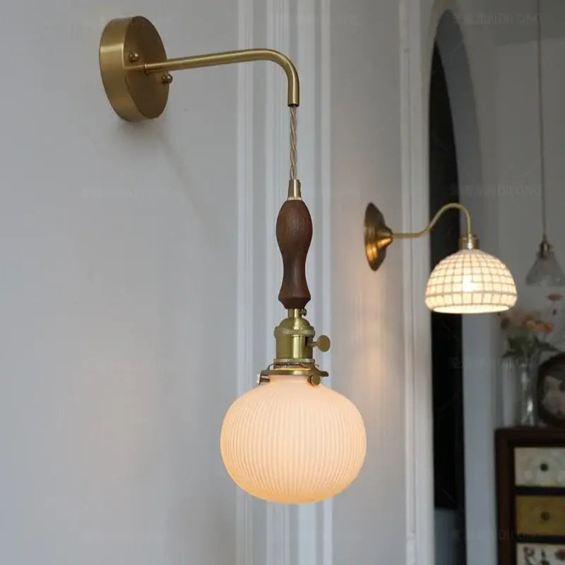 Vintage brass and dark wood led wall lamps bedroom glass sconce