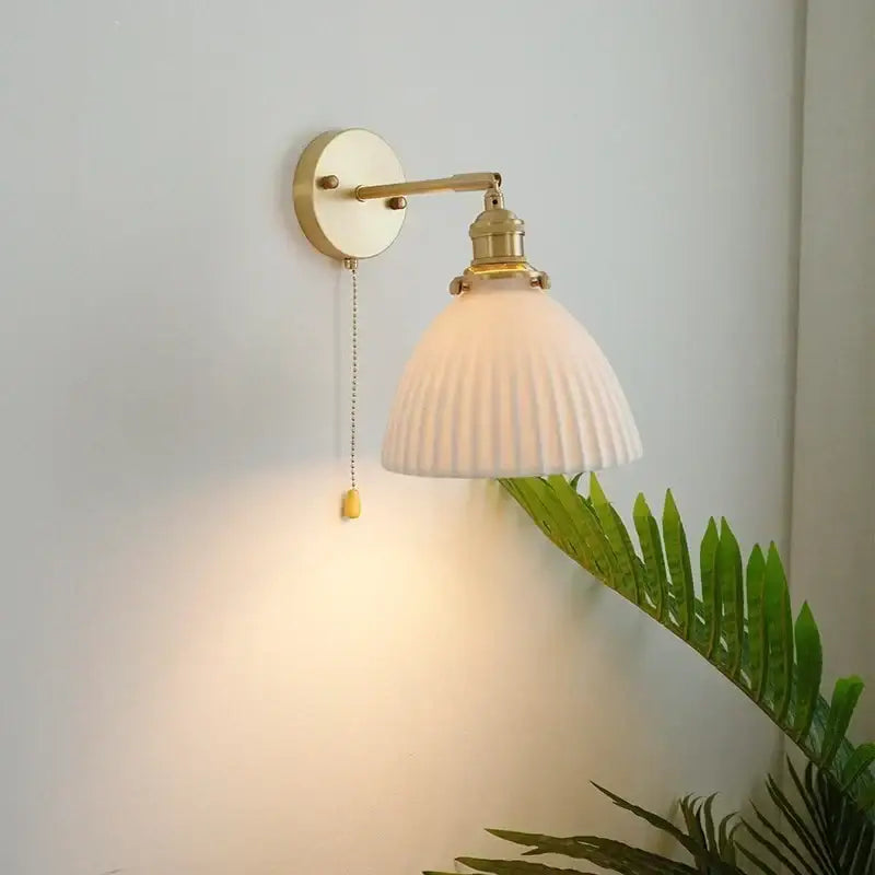 Vintage brass and ceramic led wall sconce bedroom pull chain light