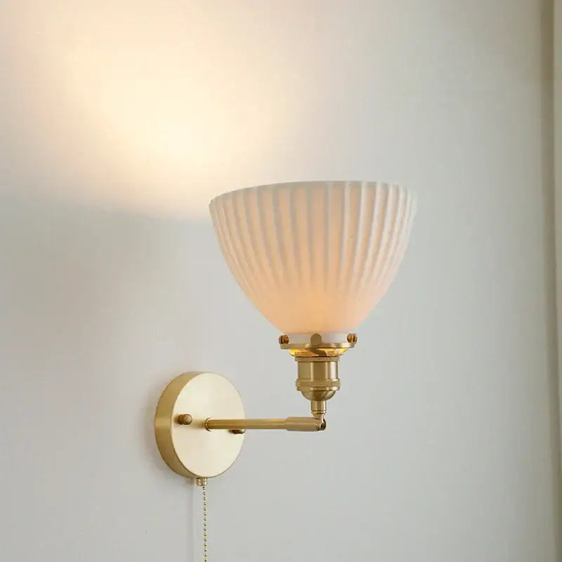 Vintage brass and ceramic led wall sconce bedroom pull chain light