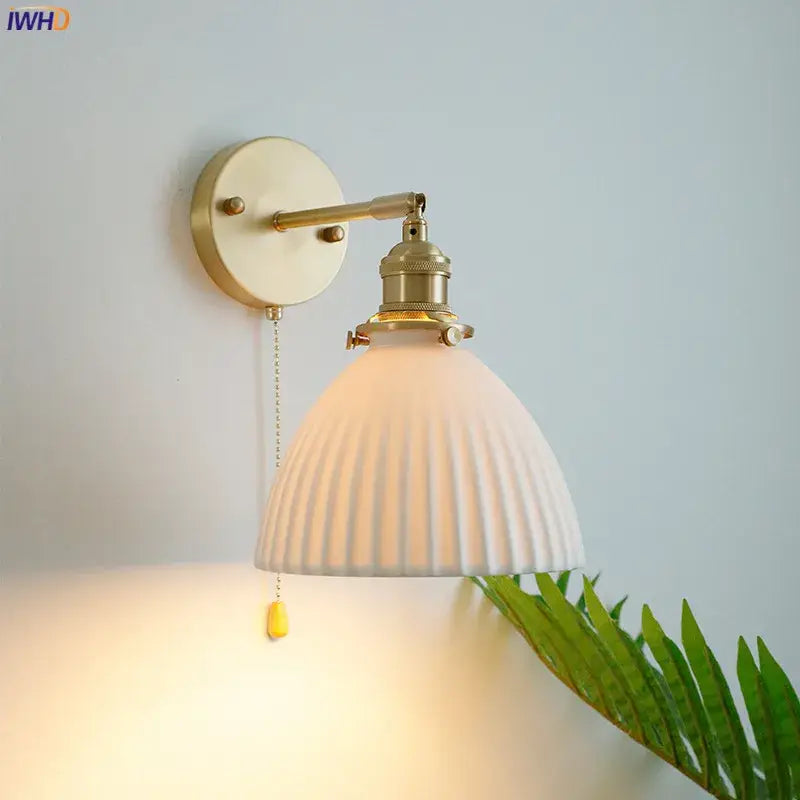 Vintage brass and ceramic led wall sconce bedroom pull chain light
