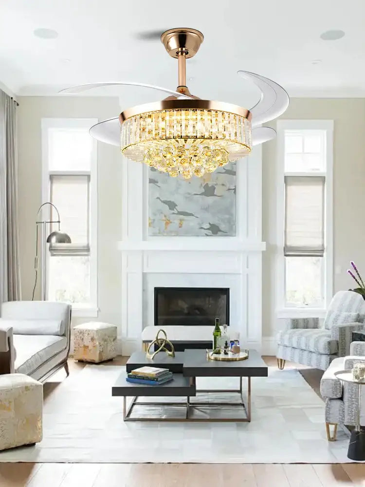 Brass crystal chandelier ceiling fan bedroom dimmable led lighting