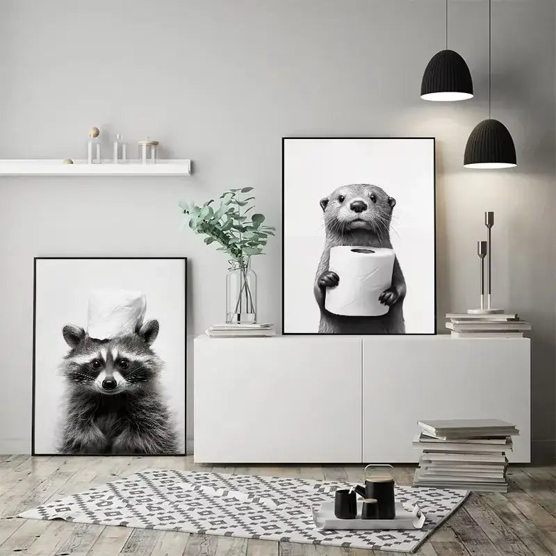 Cute animals canvas framed black & white bathroom wall art set