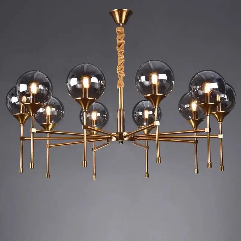 Modern brass designer metal chandelier living room smoked glass globes