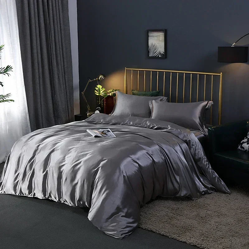 Elegant bronze satin duvet cover and bed sheet set bedroom luxury