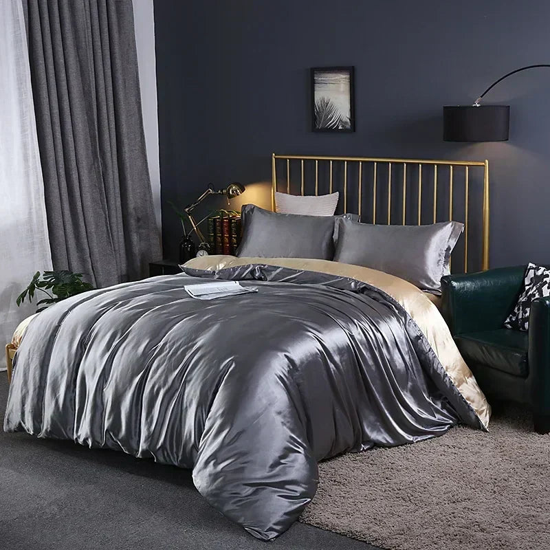 Elegant bronze satin duvet cover and bed sheet set bedroom luxury