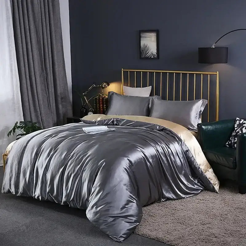 Elegant chocolate brown satin duvet cover bed sheet set bedroom