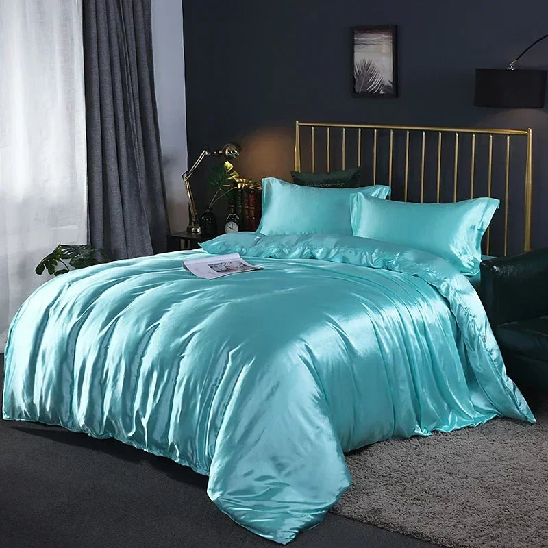 Elegant lime green satin duvet cover bedroom bed sheet set