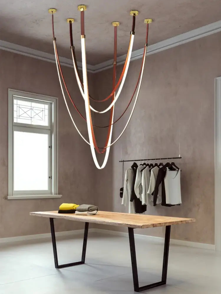 Modern double tiered led chandelier with flexible leather belt dining room light