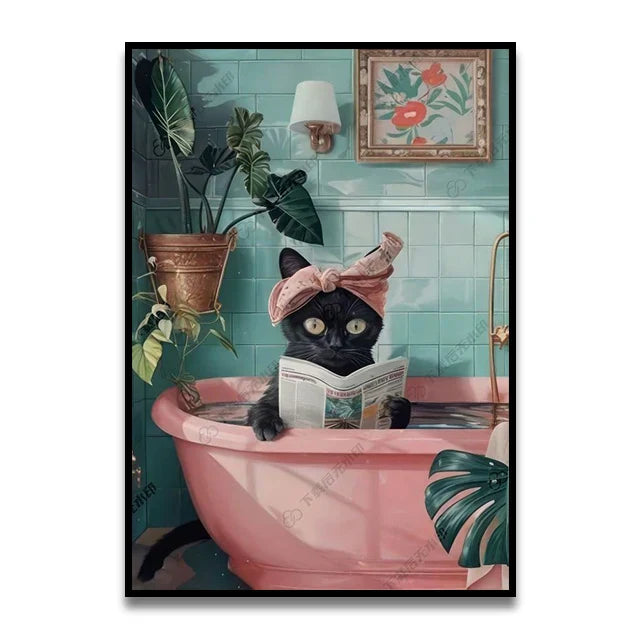 Whimsical gray cat reading newspaper bathroom canvas wall art