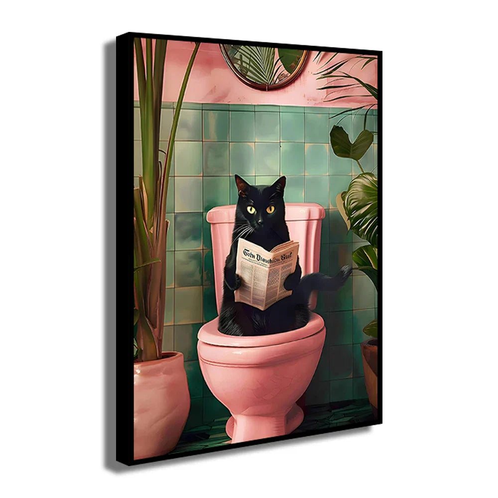 Whimsical gray cat reading newspaper bathroom canvas wall art
