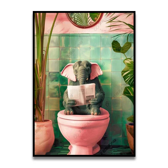 Whimsical gray cat reading newspaper bathroom canvas wall art