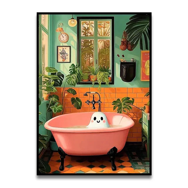 Funny green frog on toilet bathroom canvas wall art