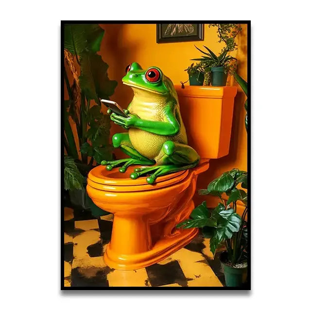 Funny green frog on toilet bathroom canvas wall art