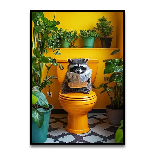 Funny green frog on toilet bathroom canvas wall art