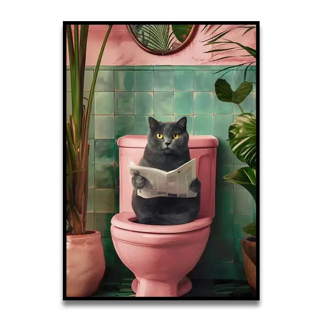 Whimsical gray cat reading newspaper bathroom canvas wall art
