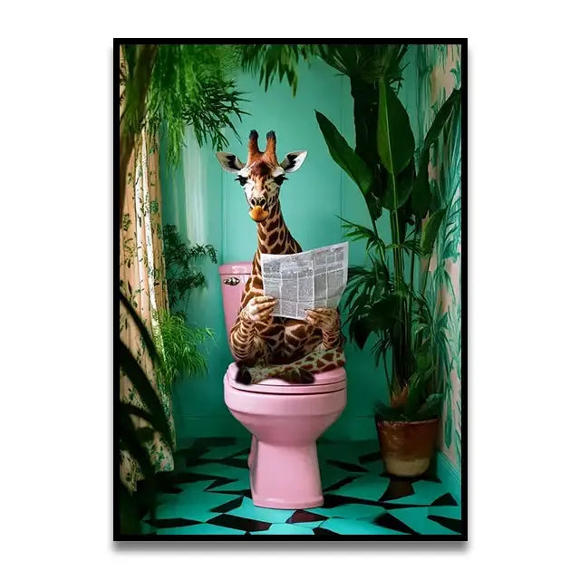 Funny green frog on toilet bathroom canvas wall art